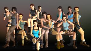 different character models of Lara Croft through the ages in various iterations of the Tomb Raider game