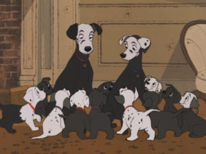 Still from 101 Dalmatians showing the dogs covered in soot