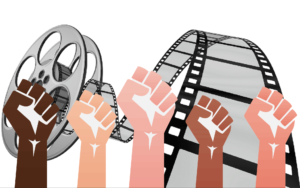 fists over a film reel representing film unions