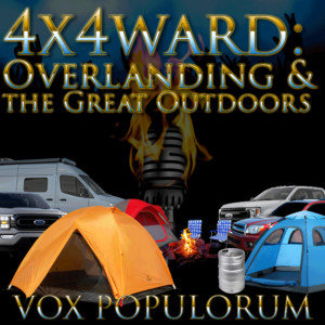 episode artwork featuring overlanding with trucks, vans, tents, a fire, lawn chairs and a beer keg