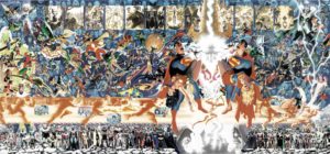 Alex Ross's poster for Crisis on Infinite Earths, detailing the collapse of the DC multiverse