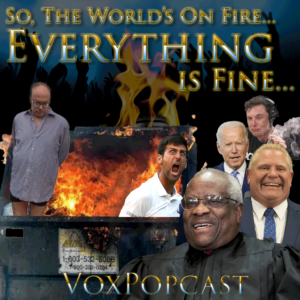 Episode artwork for "Everything is Fine" featuring news stories discussed on the episode and a dumpster fire.