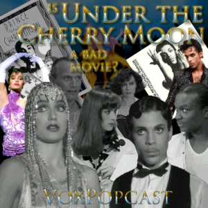 Episode Artwork for Under the Cherry Moon featuring headshots of cast members plus movie poster and soundtrack CD