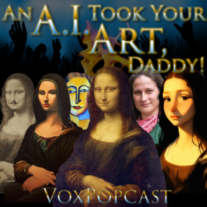 episode artwork featuring the original Mona Lisa and several reinterpretations of it made by A.I. (and one by Duchamp)